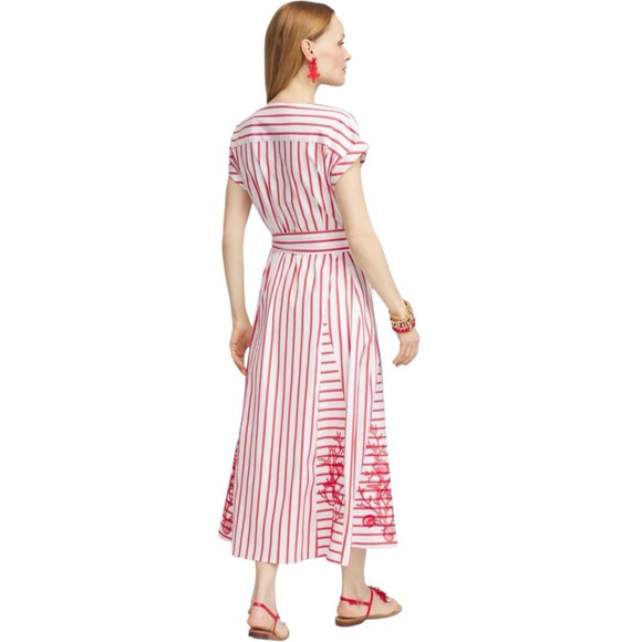 Chico's Embroidered Godet Stripe Maxi Dress Large 12 Red Coastal Vacation Resort - Picture 9 of 16